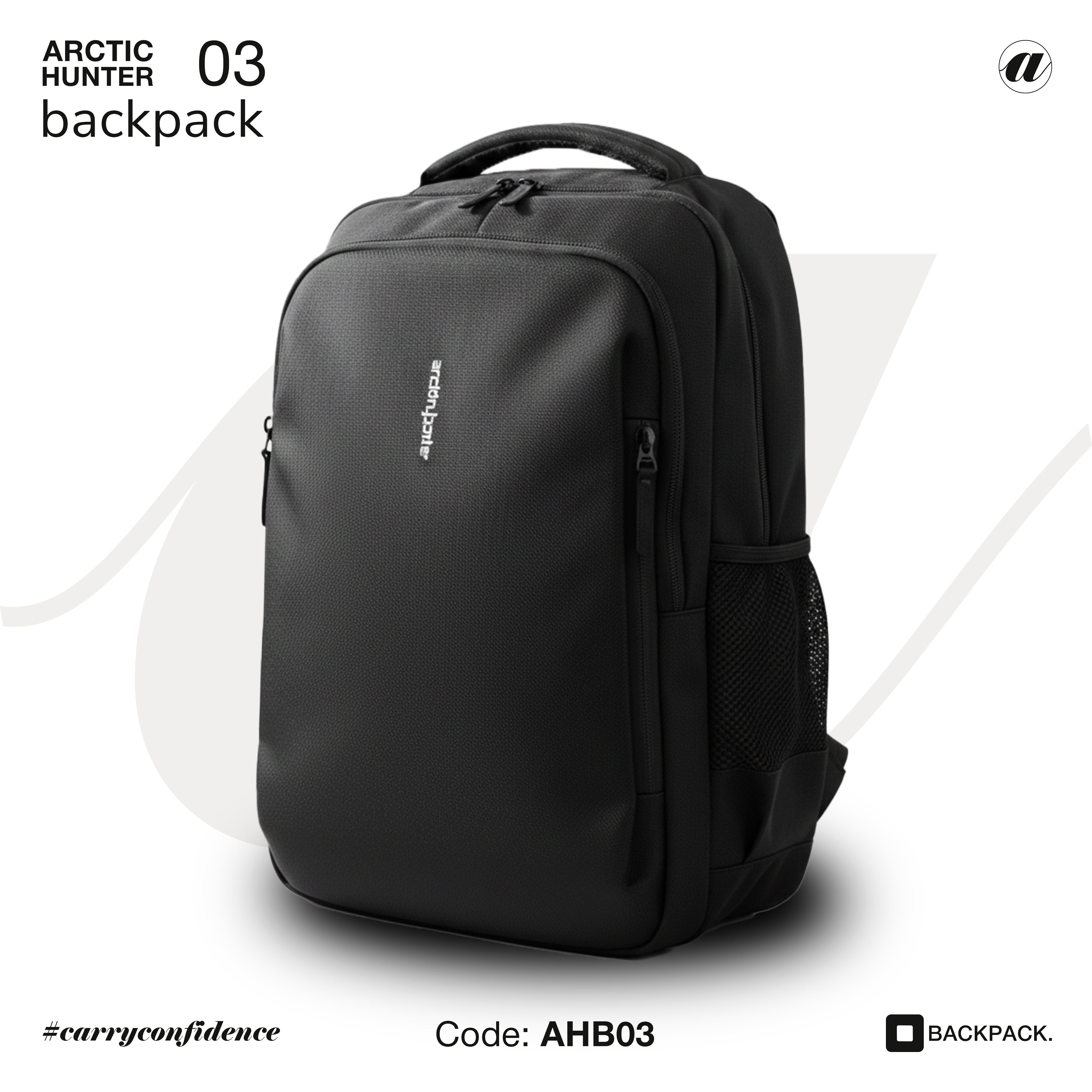 Black backpack with 'Arctic Hunter' branding on a white background