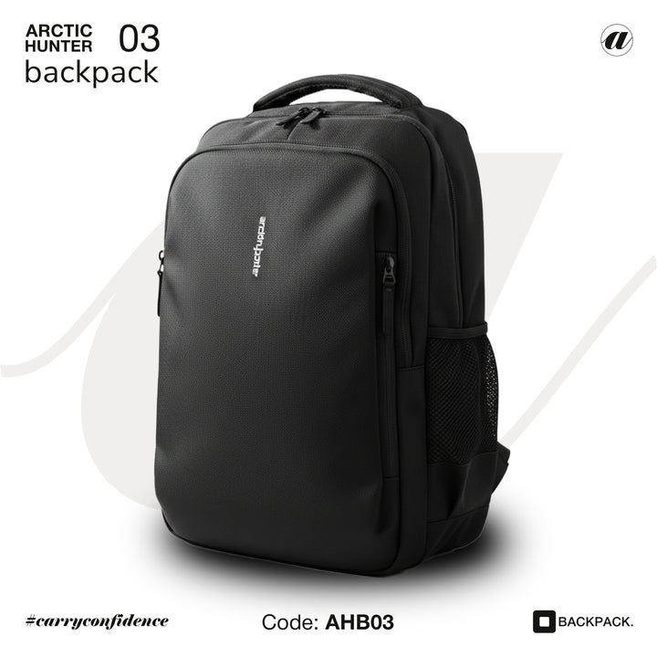 Black backpack with 'Arctic Hunter' branding on a white background